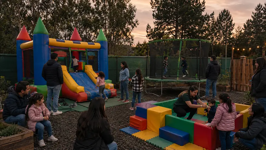 Castillo inflable, cama elástica y plaza blanda en el área cercada