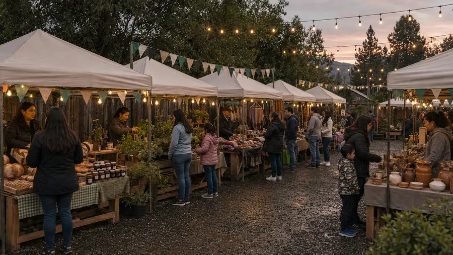 Feria de emprendedores con guirnaldas encendidas
